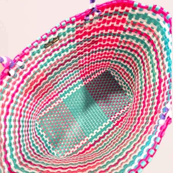 NWT Simply Southern Woven Purple Puppy Pink Pom Pom Big Tote - Picture 4 of 8